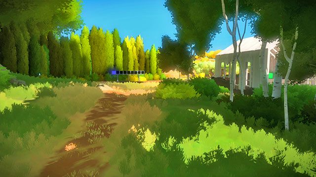 Przed tobą znajdują się dwa zestawy paneli - jeden przed drzewami po lewej, a drugi w budynku po prawej - Okolice fortu - Solucja The Witness - The Witness - poradnik do gry