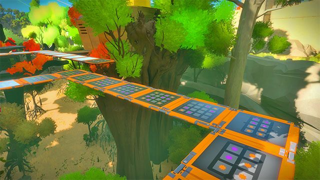 Po otworzeniu skrótu przestaw oba rozwidlenia w taki sposób, by most skierował się dwa razy w lewo - Domki na drzewach - Solucja The Witness - The Witness - poradnik do gry