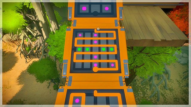 Czwarty most, dziewiąta łamigłówka, rozwidlenie - droga na wprost - Rozwiązania zagadek - pomarańczowe 1 | Domki na drzewach - The Witness - poradnik do gry