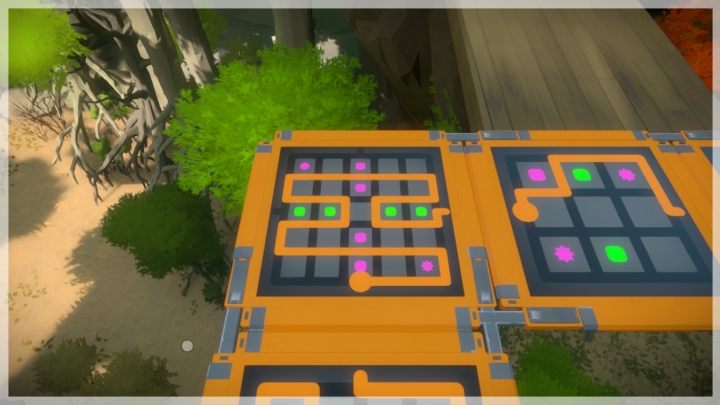 Czwarty most, dziewiąta łamigłówka, rozwidlenie - droga na prawo - Rozwiązania zagadek - pomarańczowe 1 | Domki na drzewach - The Witness - poradnik do gry