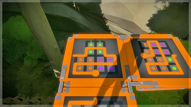 Szósty most, odpowiednie ustawienie pierwszego rozwidlenia w celu szybszego dotarcia do lasera - Rozwiązania zagadek - pomarańczowe 2 | Domki na drzewach - The Witness - poradnik do gry