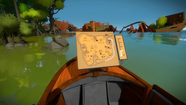 Gdy będziesz płynąć w stronę portu do domków na drzewach i znajdziesz się blisko tego kamienia, zwolnij nieco, aby spokojnie przepłynąć obok przeszkody - Domki na drzewach - Sekrety i znajdźki - The Witness - poradnik do gry