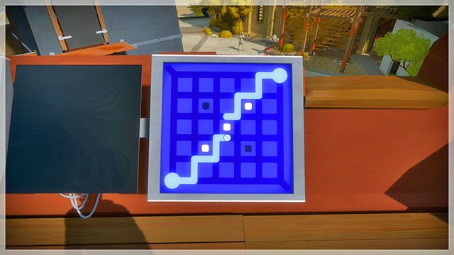 Po drugiej stronie czeka cię pięć prosty zagadek wymagających oddzielenia pól białych od czarnych z pomocą dwóch promieni - Miasteczko - Solucja The Witness - The Witness - poradnik do gry