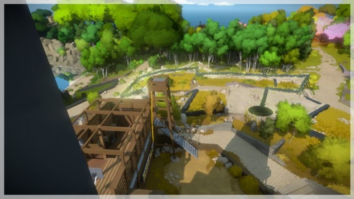 Spoglądając ze szczytu ukaże się powyższy widok - Miasteczko - Sekrety i znajdźki - The Witness - poradnik do gry