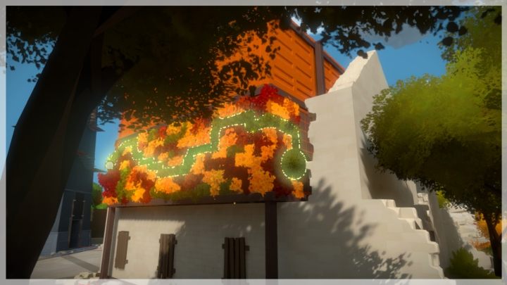 Po zmianie oświetlenia na zielone, w ten sposób wyglądać będzie rozwiązanie powyższej zagadki - Miasteczko - Sekrety i znajdźki - The Witness - poradnik do gry