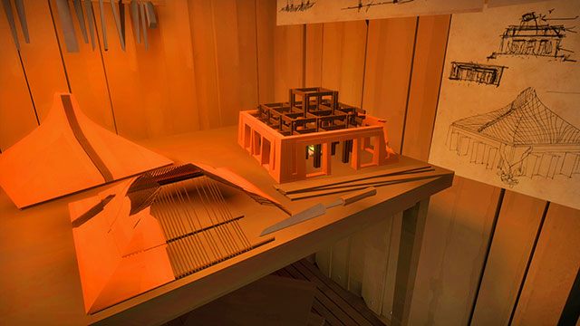 Pierwszy znajdziesz w środku, na pierwszym poziomie, w pomieszczeniu po lewej, ukryty wewnątrz niedokończonego modelu budynku - Góra - Sekrety The Witness - The Witness - poradnik do gry