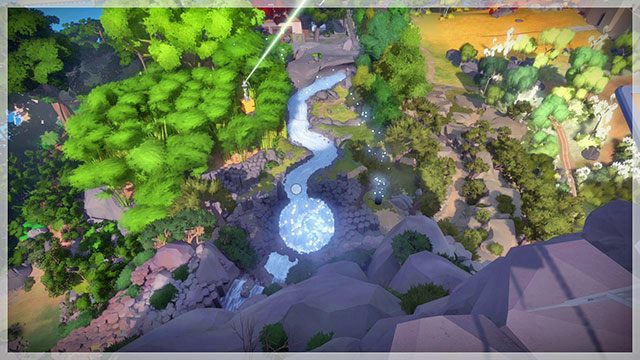 Pierwszą z zagadek środowiskowych zauważysz po wejściu na szczyt góry i spojrzeniu na wodospad - Góra - Sekrety The Witness - The Witness - poradnik do gry