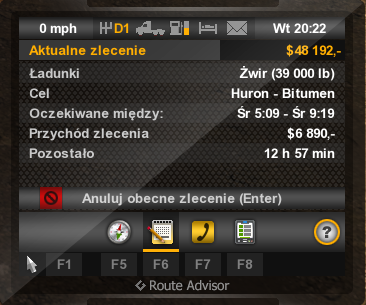 W drugiej zakładce (domyślnie [F6]) widzisz informację o aktualnym zleceniu (są one wyświetlane jeśli podjąłeś się dostarczyć jakiś transport) - Doradca drogowy (GPS) | Interfejs w American Truck Simulator - American Truck Simulator - poradnik do gry