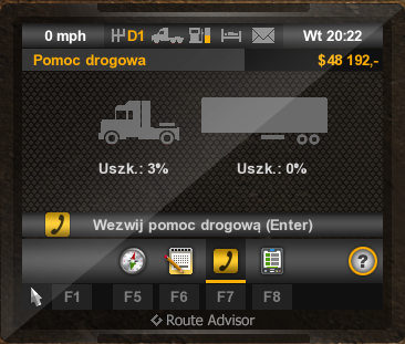 Trzecia zakładka (domyślnie [F7]) prezentuje procent zniszczeń ciągnika oraz procent uszkodzenia przewożonego ładunku (co ma wpływ na otrzymaną zapłatę) - Doradca drogowy (GPS) | Interfejs w American Truck Simulator - American Truck Simulator - poradnik do gry