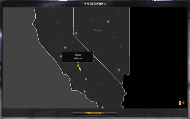 Wybór miasta na swoją centralę musisz dokonać spośród 19 dostępnych miast w Kalifornii lub z 9 miast w Nevadzie - Profil gracza i wybór centrali w American Truck Simulator | Pierwsze kroki - American Truck Simulator - poradnik do gry