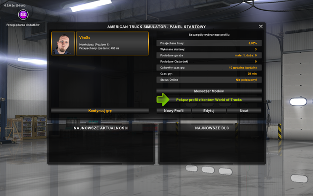 Aby połączyć konto z gry z kontem online musisz podczas wyboru postaci kliknąć na prostokąt zawierający treść połącz profil z kontem World of Trucks - Konto online w American Truck Simulator | Pierwsze kroki - American Truck Simulator - poradnik do gry