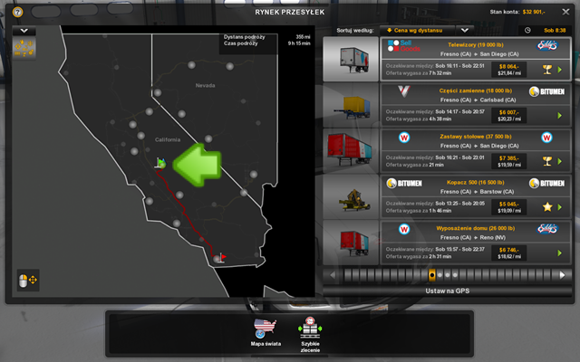 Najlepiej kliknąć na ikonkę miasta w którym jesteś (bądź miasta znajdującego się tuż obok) i sprawdzić czy któraś z firm dodała ogłoszenie na jakieś intratne zajęcie - Właściciel jednoosobowej firmy w American Truck Simulator | Kariera - American Truck Simulator - poradnik do gry