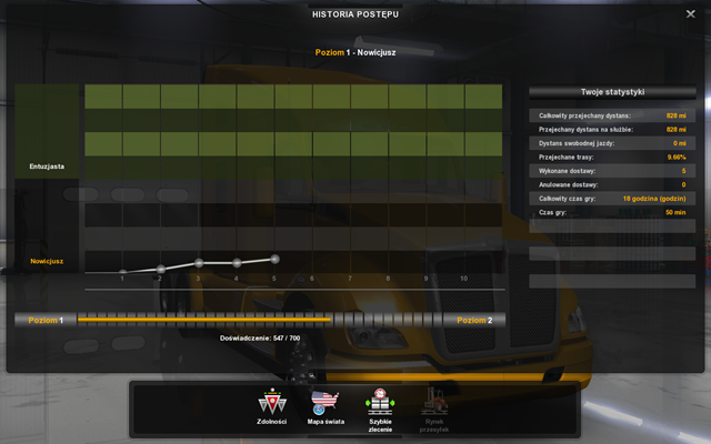 W głównym panelu dowodzenia w profilu gracza możesz przejść do historii postępu, gdzie na wykresie widzisz ile doświadczenia otrzymałeś za swoje poszczególne zlecenia, ile kilometrów przejechałeś oraz inne statystyki twojej gry - Doświadczenie w American Truck Simulator | Kierowca - American Truck Simulator - poradnik do gry