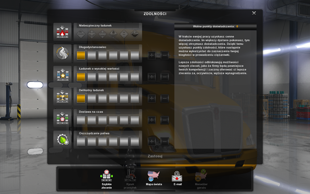 Po zdobyciu każdego poziomu otrzymujesz jeden punkt doświadczenia (PD), które możesz wykorzystać do polepszenia jednej ze zdolności - Zdolności w American Truck Simulator | Kierowca - American Truck Simulator - poradnik do gry