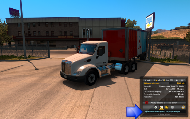 Kredyt spłaca się automatycznie - w momencie spłaty raty słyszysz dźwięk otwierającej się kasy, a w prawym dolnym rogu (na dole doradcy drogowego) wyświetlana jest informacja o spłacie raty oraz kwota - Spłacanie kredytu i ujemny stan konta w American Truck Simulator | Bank - American Truck Simulator - poradnik do gry