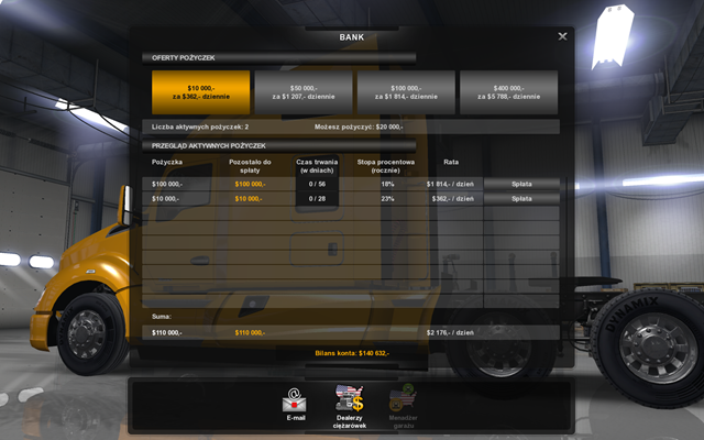 W każdej chwili możesz kontrolować w oknie banku ile rat spłaciłeś oraz ile $ musisz jeszcze spłacić - Spłacanie kredytu i ujemny stan konta w American Truck Simulator | Bank - American Truck Simulator - poradnik do gry