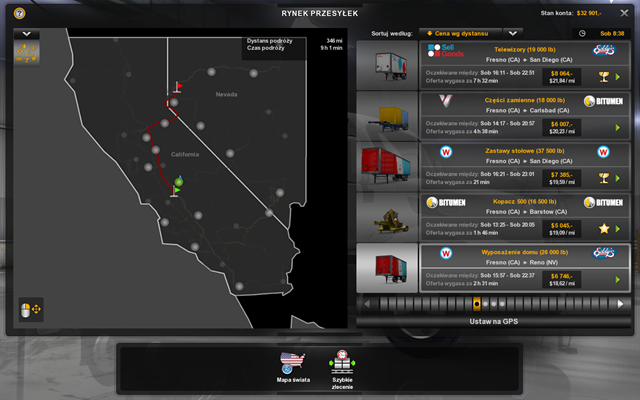 W rynku przesyłek obowiązują zbliżone zasady do szybkich przesyłek tyle, że posiadasz już swoją ciężarówkę - Przesyłki w American Truck Simulator | Rynek pracy - American Truck Simulator - poradnik do gry