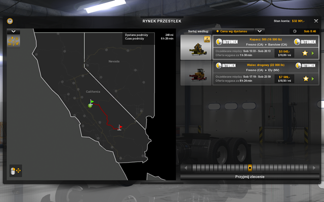 Na tej liście widzisz zlecenia dostępne tylko w tej filii firmy, do której siedziby właśnie wjechałeś - Przesyłki w American Truck Simulator | Rynek pracy - American Truck Simulator - poradnik do gry
