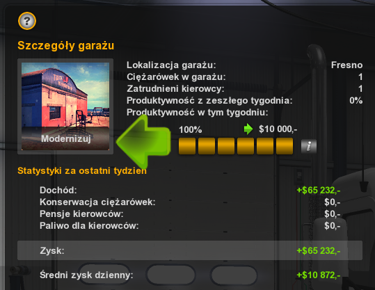Aby powiększyć garaż (z najmniejszego na mały lub z małego na duży) należy w menadżerze garażu kliknąć modernizuj przy szczegółach garażu przeznaczonego do rozbudowy - Modernizacja i kupno garażu w American Truck Simulator | Garaż - American Truck Simulator - poradnik do gry
