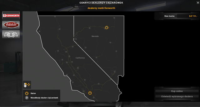 Pojazdy marki Kenworth możesz kupić w dwóch miastach - Mapy - Kenworth i Peterbilt w American Truck Simulator | Dealerzy ciężarówek - American Truck Simulator - poradnik do gry