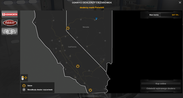 Pojazdy marki Peterbilt możesz kupić w trzech miastach - Mapy - Kenworth i Peterbilt w American Truck Simulator | Dealerzy ciężarówek - American Truck Simulator - poradnik do gry