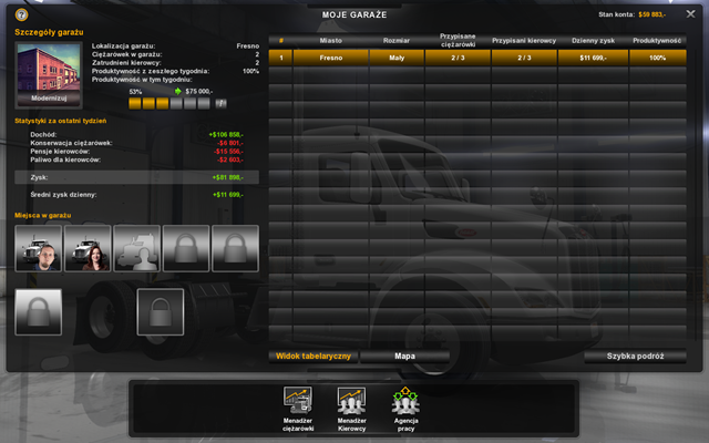 W menadżerze garaży po prawej stronie (w formie tabeli bądź mapy) widzisz listę swoich garaży - Menadżer firmy | Interfejs w American Truck Simulator - American Truck Simulator - poradnik do gry