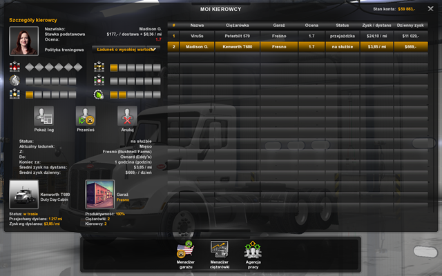 W menadżerze kierowcy widzisz listę swoich kierowców (na której jesteś także ty - na pierwszej pozycji) - Menadżer firmy | Interfejs w American Truck Simulator - American Truck Simulator - poradnik do gry