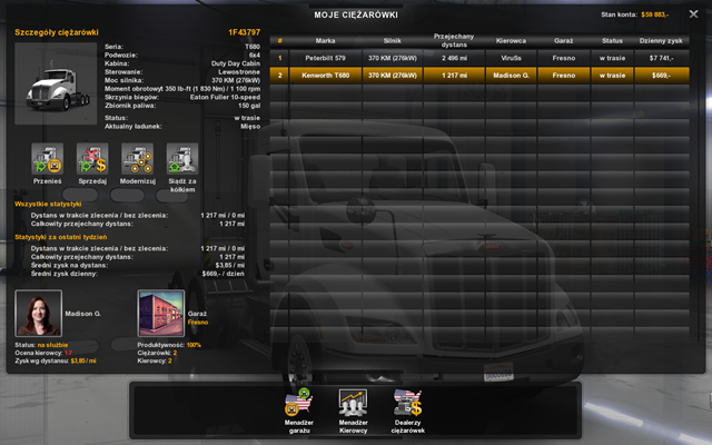 Tak jak w poprzednich menadżerach w części prawej widzisz podstawowe informacje w tym przypadku o ciężarówkach, czyli miasto stacjonowania, silnik, liczbę przejechanych kilometrów, oraz dzienny zysk - Menadżer firmy | Interfejs w American Truck Simulator - American Truck Simulator - poradnik do gry