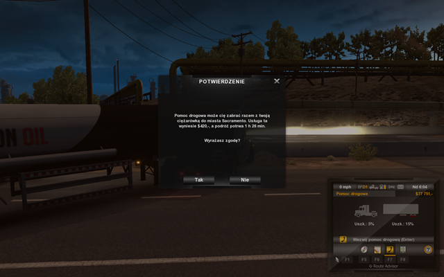 Pomoc drogowa automatycznie zabierze ciągnik wraz z naczepą do najbliższego miasta - Wypadek i wezwanie pomocy drogowej | Przemierzanie Stanów ciężarówką - American Truck Simulator - poradnik do gry