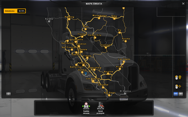 Najszersza perspektywa mapy umożliwia sprawdzenie, w których rejonach już byłeś oraz jakie miasta odwiedziłeś - Mapa i legenda w American Truck Simulator | Świat gry - American Truck Simulator - poradnik do gry
