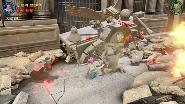 Po wykopaniu trzech posągów, zmień postać na Visiona bądź Scarlet i podnoś posągi, które układaj nad widocznym na obrazku zegarem - Minizestawy | Mściciele do boju - sekrety | LEGO Marvels Avengers - LEGO Marvels Avengers - poradnik do gry