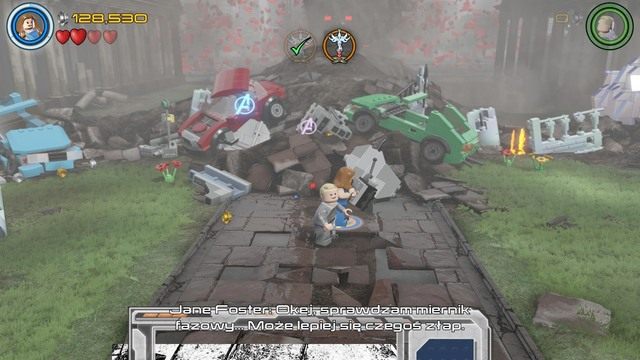 Po aktywowaniu dźwigni stworzonego nadajnika, podejdź do środka i kontrolując postać Jane, zeskanuj teren by przywołać Thora - Hen, w Aetherze | Opis przejścia | LEGO Marvels Avengers - LEGO Marvels Avengers - poradnik do gry