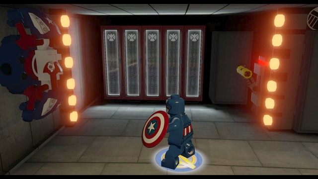 Będąc w środku zmień postać na Kapitana Amerykę i rzuć tarczą w widoczny na obrazku przełącznik by odblokować pierwszą laserową osłonę - Złote klocki | Baza S.H.I.E.L.D. - sekrety | LEGO Marvels Avengers - LEGO Marvels Avengers - poradnik do gry