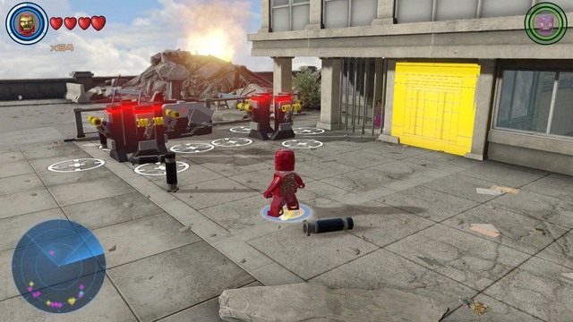 Po prawej stronie mostu znajdziesz osiem dźwigni oraz kilka zablokowanych przejść z uwięzionymi cywilami w środku - Postacie | Sokovia - sekrety | LEGO Marvels Avengers - LEGO Marvels Avengers - poradnik do gry