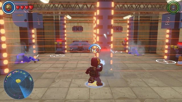 Będąc w środku, podejdź do pierwszej dźwigni jako Iron Man, napraw ją i opuść by wyłączyć pierwsze pole laserowe - Złote klocki | Centralny Manhattan - sekrety | LEGO Marvels Avengers - LEGO Marvels Avengers - poradnik do gry
