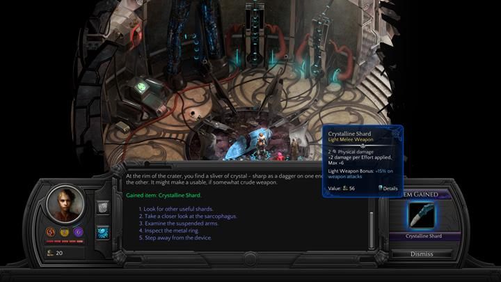 Porozmawiaj z towarzyszami i przeszukaj komnatę - możesz m.in. podnieść jeden z odłamków z ziemi - Upadek na ziemię - zadanie główne | Fallen to Earth | Torment Tides of Numenera - Torment: Tides of Numenera - poradnik do gry
