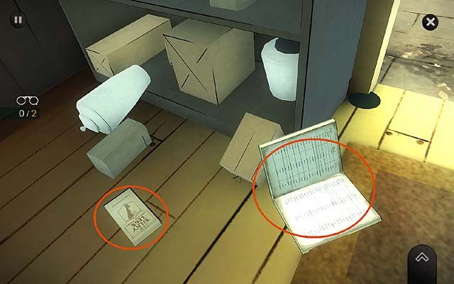 Obejrzyj zeszyt pani Ascher (po prawej), obracając go w zbliżeniu tak, by można było odczytać zapiski (2 punkty ego), i pudełko nowych pończoch (po lewej) - Przesłuchaj Franza Aschera - Rozdział pierwszy - Andover - Agatha Christie: The ABC Murders - poradnik do gry