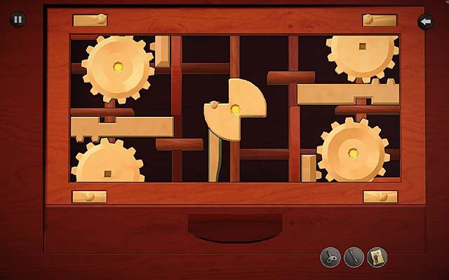 Kiedy ustawisz odpowiednio wszystkie cztery guziki, przeciągnij mniejszy z kluczy (ten znaleziony w zegarze) na lewą górną zębatkę, a potem na prawą dolną i w końcu na środkową (tylko do nich pasuje ten kluczyk) - Zbadaj sypialnię Betty - Rozdział drugi - Bexhill - Agatha Christie: The ABC Murders - poradnik do gry