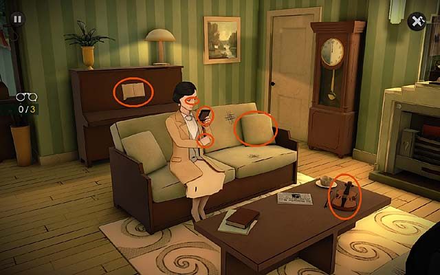 Przyjrzyj się skromnemu wystrojowi salonu (kliknij pianino; trzy spostrzeżenia), a konkretnie pianinu, zniszczonej kanapie, na której siedzi Megan, i leżącym na stoliku skrzypcom - Udaj się do domu Betty przy High Street 22 i przesłuchaj Megan Barnard - Rozdział drugi - Bexhill - Agatha Christie: The ABC Murders - poradnik do gry