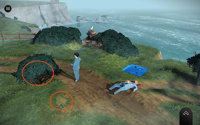 Rzuć również okiem na rosnący przy ścieżce krzew oraz zdeptaną trawę poniżej niego - Zbadaj miejsce zbrodni - Rozdział trzeci - Churston - Agatha Christie: The ABC Murders - poradnik do gry