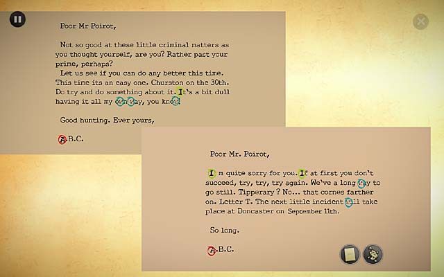 Dotarłszy do biurka, kliknij je i przeprowadź analizę listów w taki sam sposób jak poprzednio - podkreślając w zbliżeniu najpierw na jednym z nich, a potem na drugim kolejno wyrazy z literami: I, A i w - Porównaj nowy list z pozostałymi - Rozdział trzeci - Churston - Agatha Christie: The ABC Murders - poradnik do gry