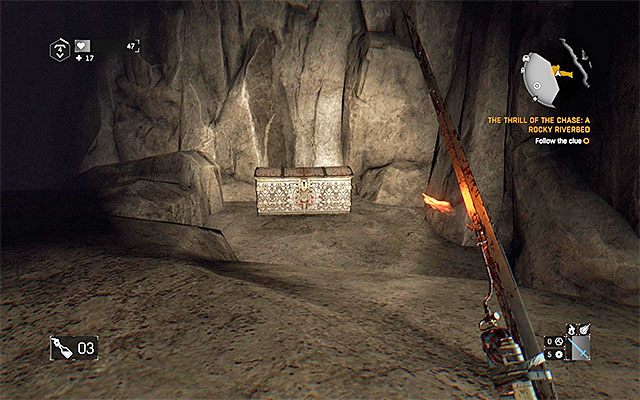 Skrzynię bardzo łatwo można odnaleźć w jaskini - Łowca skarbów: Skaliste koryto (The Thrill of the Chase: A Rocky Riverbed) | Poboczne zadania - Farma Jasira - Dying Light: The Following - poradnik do gry