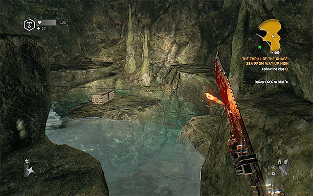 Zanurkuj i zacznij płynąć na południe (pozostawaj przez cały czas wewnątrz żółtego obszaru widocznego na mini-mapie) - Łowca skarbów: Morza widok z góry (The Thrill of the Chase: Sea from Way Up High) | Poboczne zadania - Farma Jasira - Dying Light: The Following - poradnik do gry