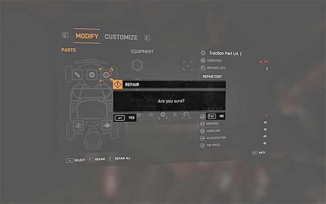 Możesz podjąć próbę naprawienia uszkodzonej lub mocno zużytej części samochodu - Naprawianie i ulepszanie pojazdu | Pojazd buggy | Dying Light The Following - Dying Light: The Following - poradnik do gry