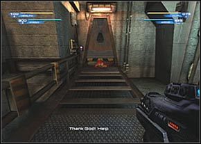 Gdy wejdziesz do żółtego pomieszczenia, zobaczysz jak człowiek zostaje zaatakowany przez Skaarj - Mining Complex Entrance | Sanctuary | Unreal II The Awakening - Unreal II: The Awakening - poradnik do gry