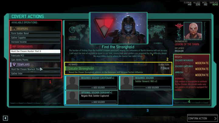 Okno pozwalające wybrać tajne działanie. - Tajne działania ruchu oporu (Covert Action) | Mechanizmy rozgrywki | XCOM 2 - XCOM 2 - poradnik do gry