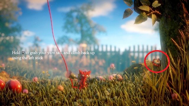 Pierwszy guzik za ostami przy drzewie - Poziom 1 - Thistle and Weeds | Opis przejścia Unravel - Unravel - poradnik do gry