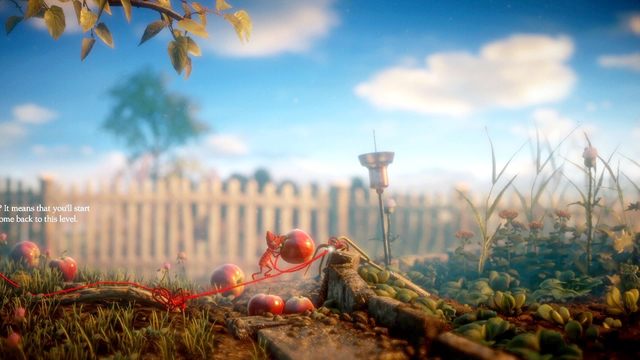 Przepchaj wszystkie jabłka do dziury z wodą - Poziom 1 - Thistle and Weeds | Opis przejścia Unravel - Unravel - poradnik do gry