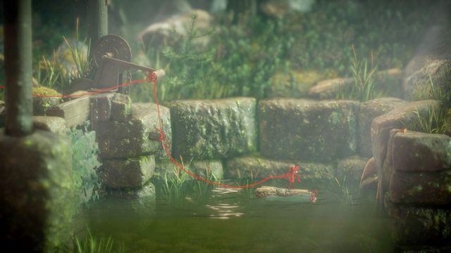 W pierwszej zagadce naciągnij linę za sobą, by zeskoczyć na drewienko poniżej - Poziom 3 - Berry Mire | Opis przejścia Unravel - Unravel - poradnik do gry