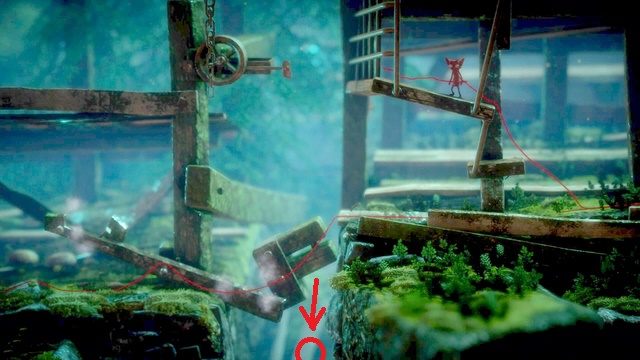 W dziurze, która zostanie zamknięta po odblokowywaniu mechanizmu znajduje się guzik - Poziom 5 - Off the Rails | Opis przejścia Unravel - Unravel - poradnik do gry